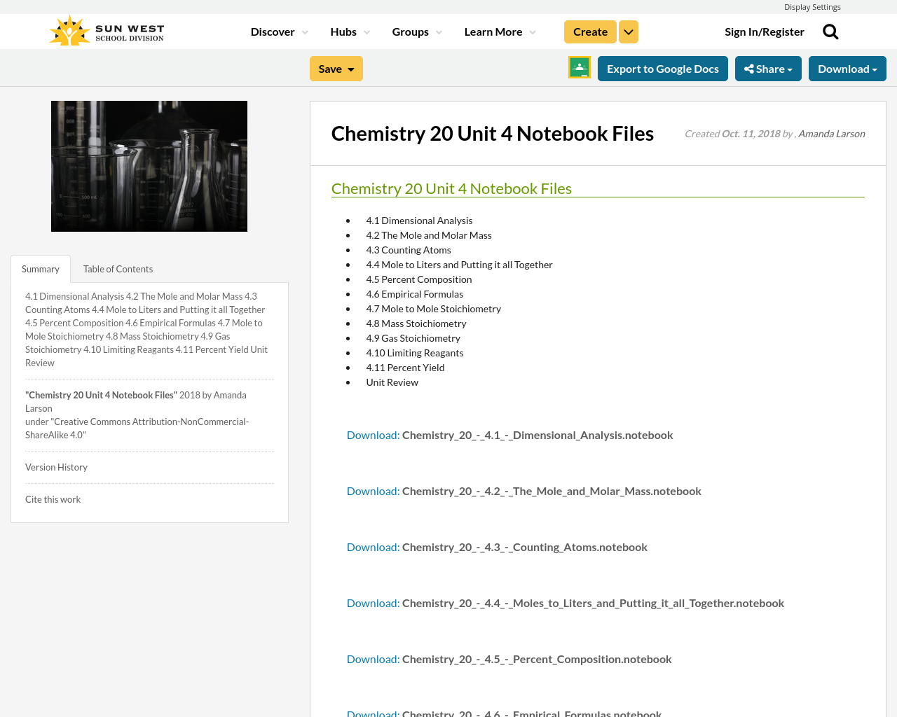 Chemistry 20 Unit 4 Notebook Files Resource Bank