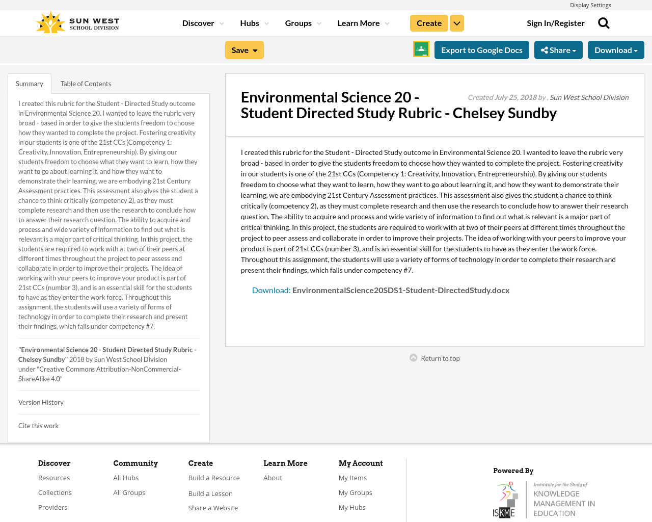 Environmental Science 20 Student Directed Study Rubric Chelsey