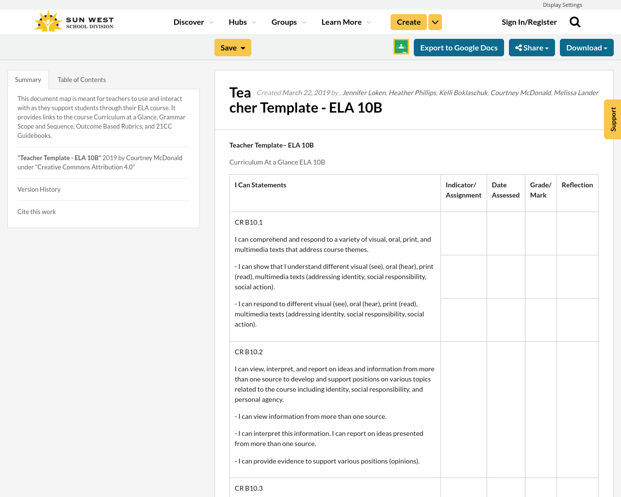 Teacher Template ELA 10B Resource Bank