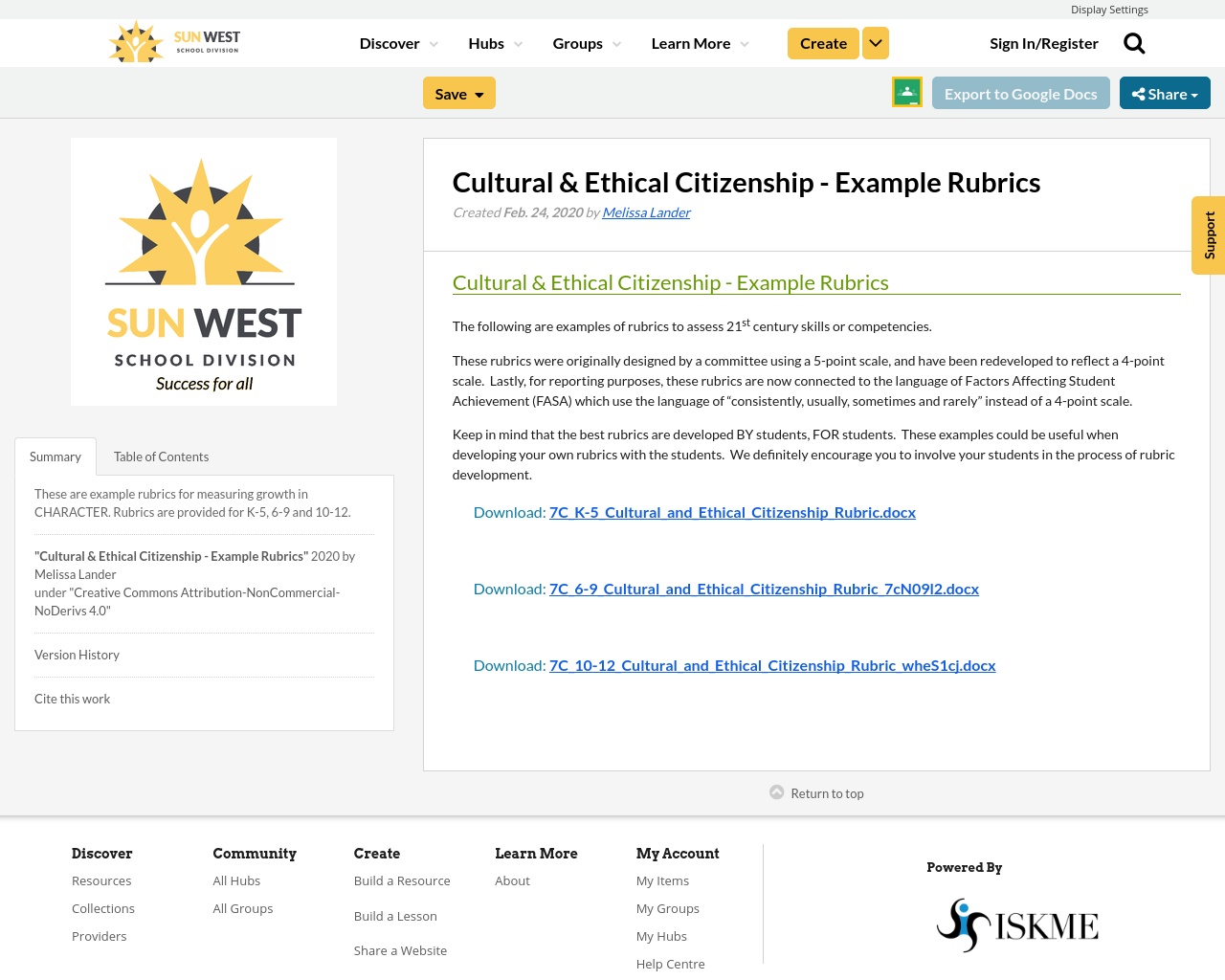 Cultural & Ethical Citizenship Example Rubrics Resource Bank