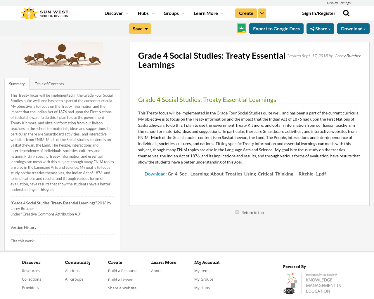 Grade 4 Social Studies Treaty Essential Learnings Resource Bank