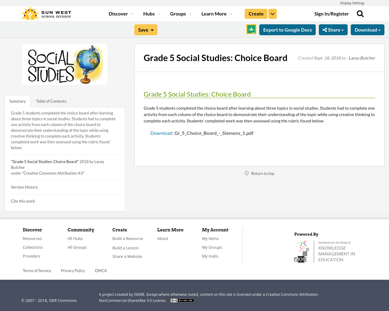 Grade 5 Social Studies Choice Board Resource Bank
