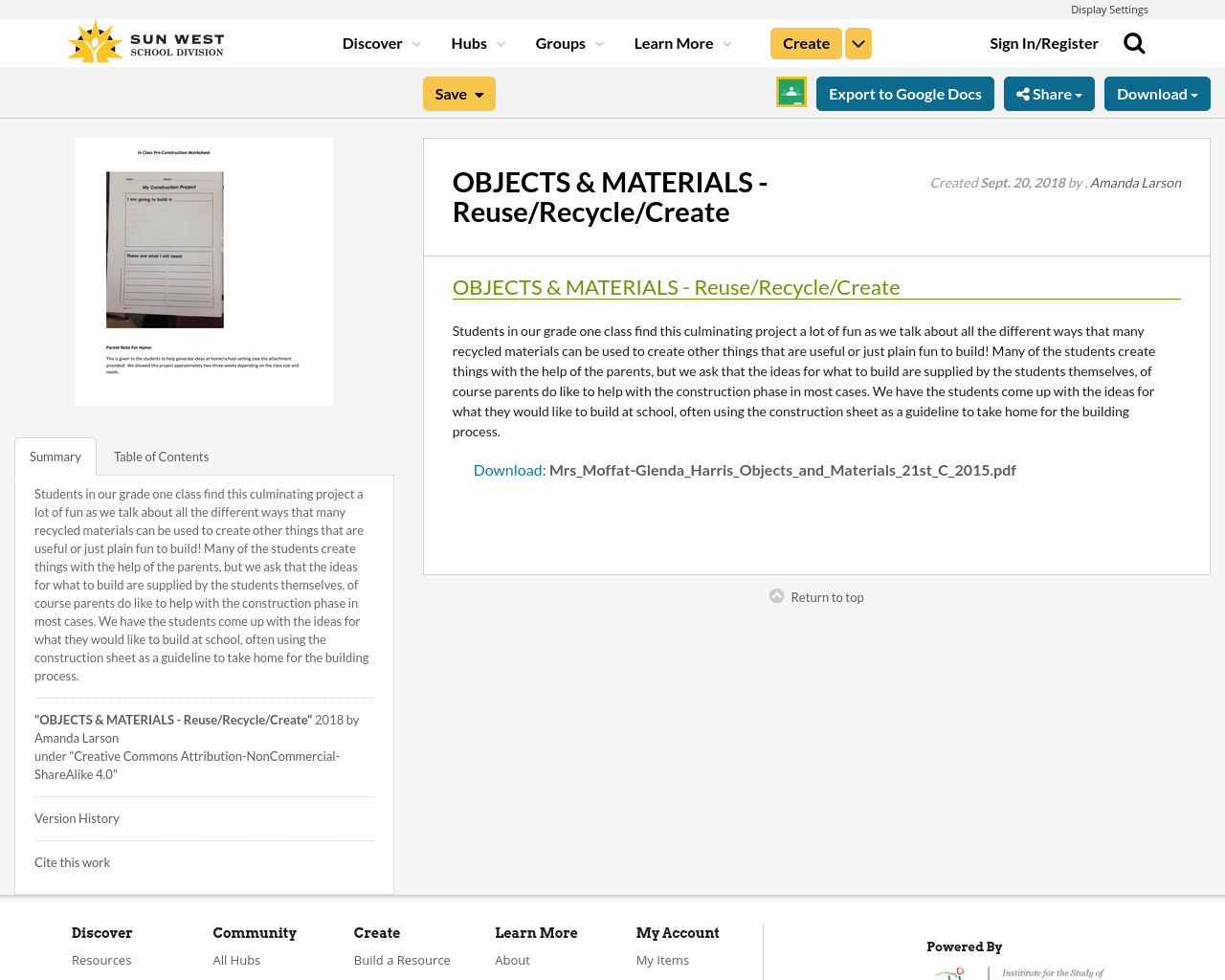 OBJECTS & MATERIALS Reuse/Recycle/Create Resource Bank