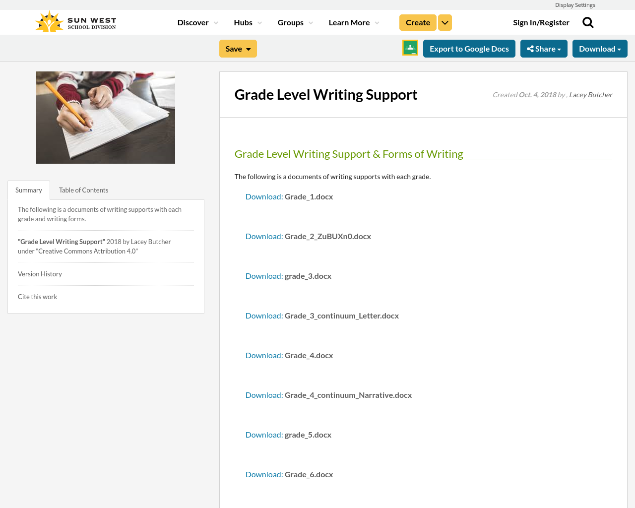 Grade Level Writing Support Resource Bank